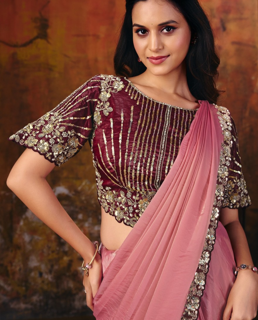 27111 - Peachy Pink Embroidered Wedding Party Designer Saree